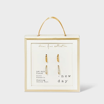 14K Gold Plated Polished Cubic Zirconia Hoop Duo Earring Set - A New Day™ Gold - Image 2
