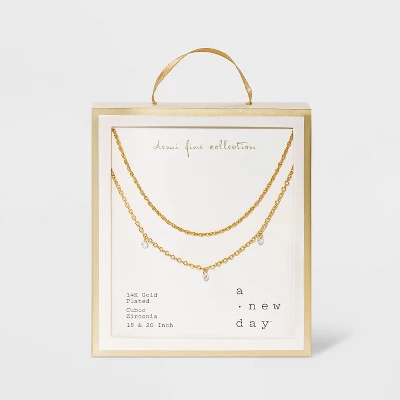 14K Gold Plated Pierced Cubic Zirconia Duo Necklace - A New Day™ - Image 2