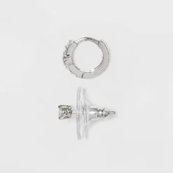 Sterling Silver Cubic Zirconia Stud And Huggie Hoop Trio Earring Set - A New Day™