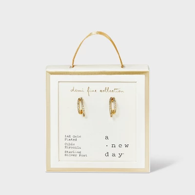 14k Gold Plated Cubic Zirconia Faux Duo Pave Hoop Earrings - A New Day™ Gold - Image 3