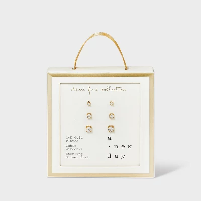 14K Gold Plated Cubic Zirconia Trio Stud Earring Set - A New Day™ Gold - Image 2