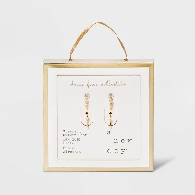 14K Gold Plated Beaded Hoop Cubic Zirconia Earring Set 2pc - A New Day™ - Image 2