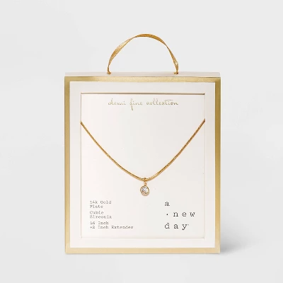 14K Gold Plated Cubic Zirconia Herringbone Bezel Chain Necklace - A New Day™ - Image 2